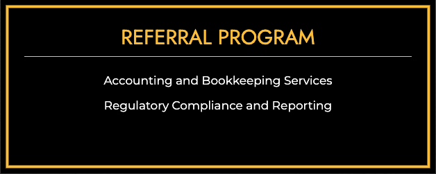 A graphic outlining a referral program featuring accounting, bookkeeping, and compliance services